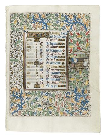 (ILLUMINATED MANUSCRIPT.) Vellum caldendrical leaf depicting October with labor of the month Sowing, zodiac Scorpion on verso.
